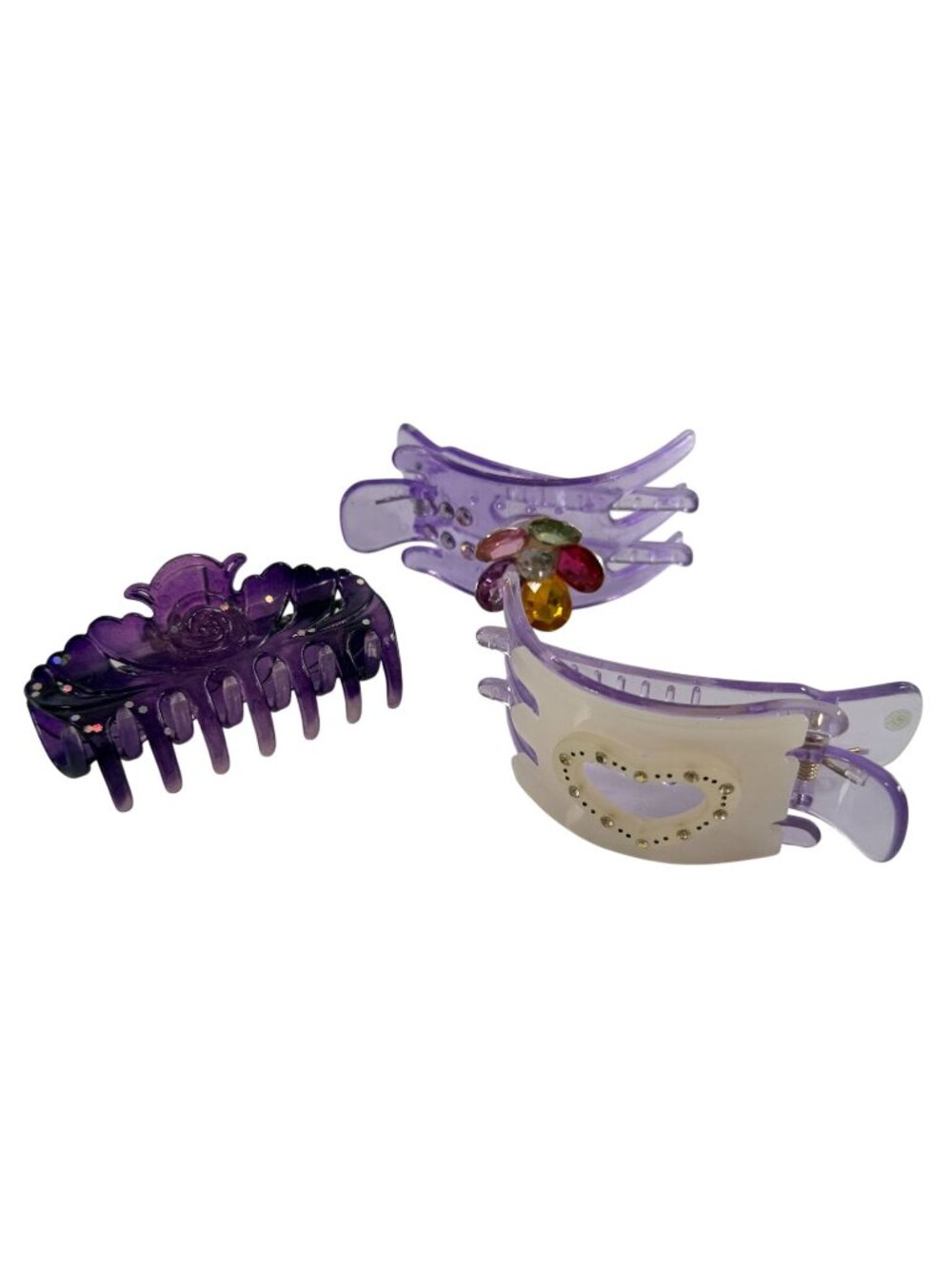 Lot 3 Vintage Fancy Purple Hair Accessories Claw Clips Rhinestones Heart